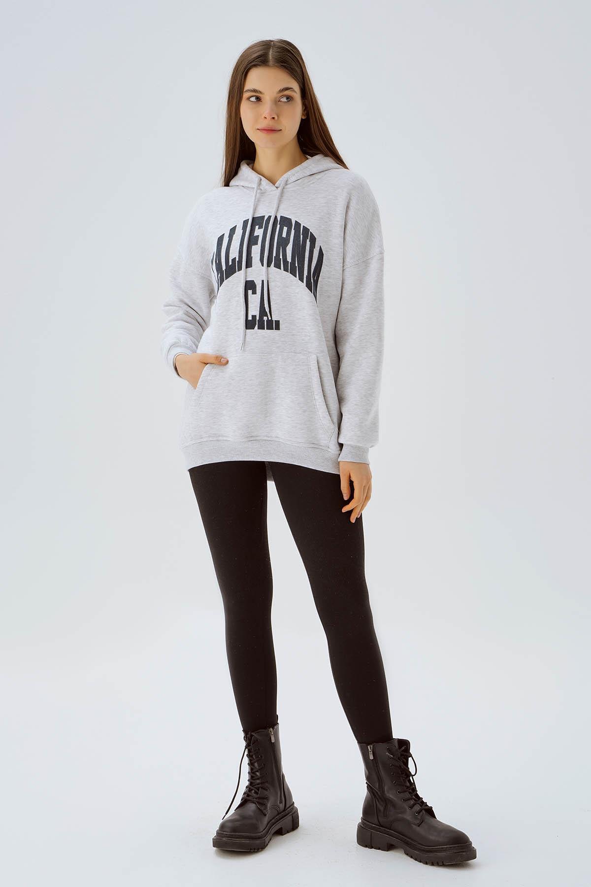 Açık Gri Kapüşonlu Oversize Sweat 3720 - 2