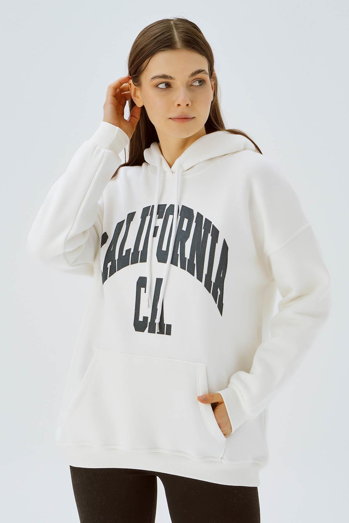 Ekru Kapüşonlu Oversize Sweat 3720 