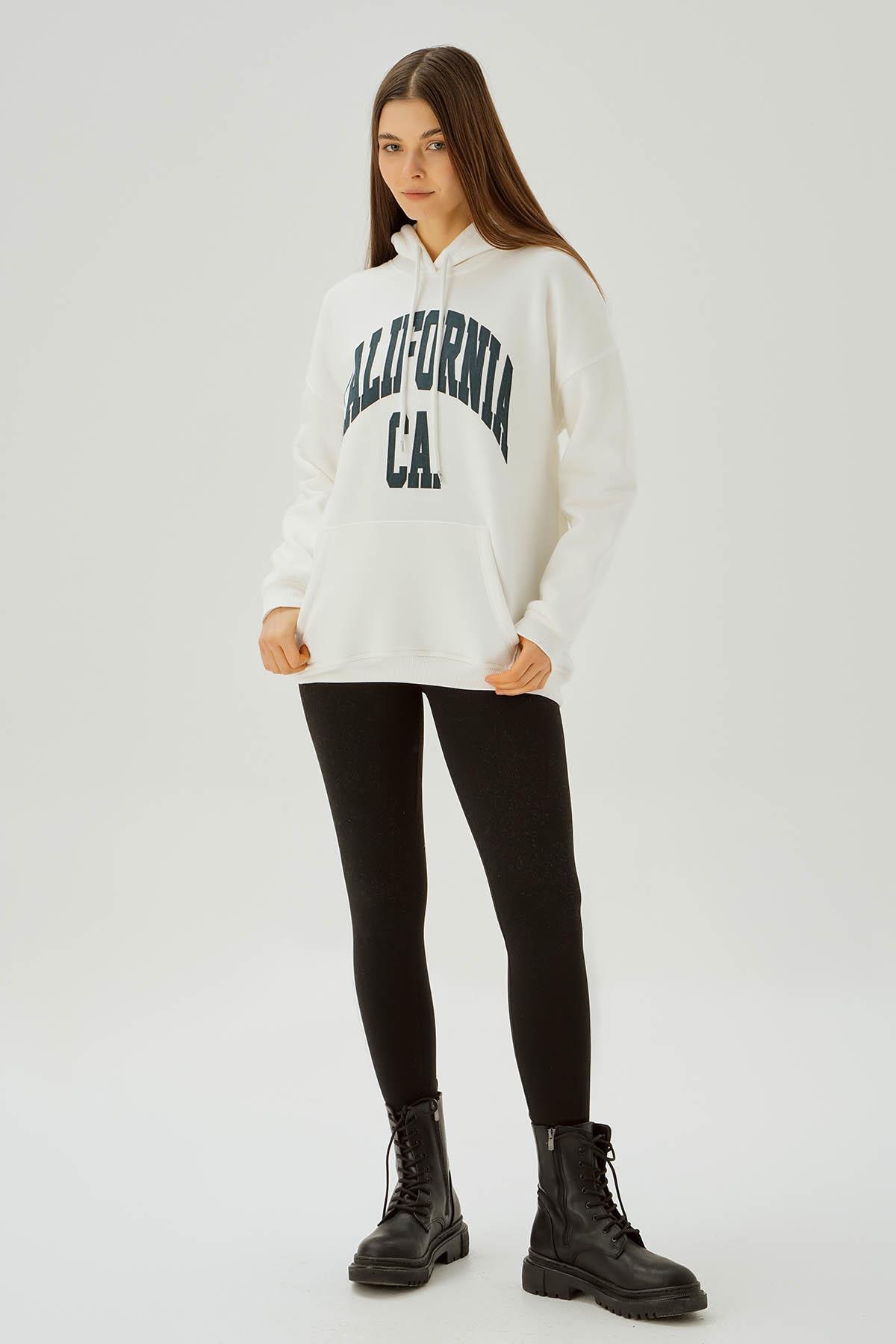 Ekru Kapüşonlu Oversize Sweat 3720 - 2