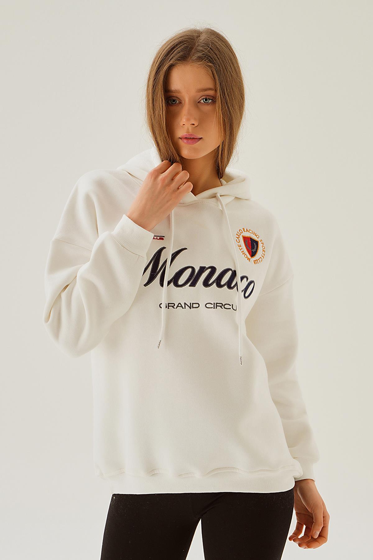 Ekru Monaco Nakış Kapüşonlu Sweat 3730 - 1