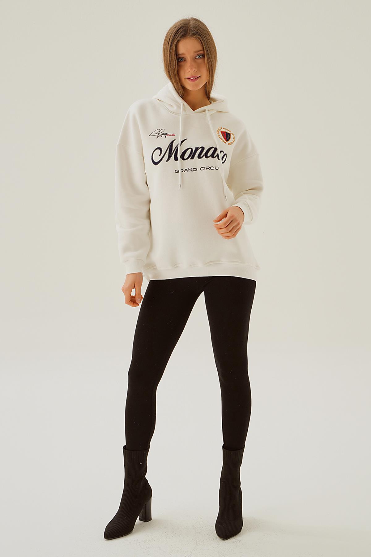 Ekru Monaco Nakış Kapüşonlu Sweat 3730 - 2