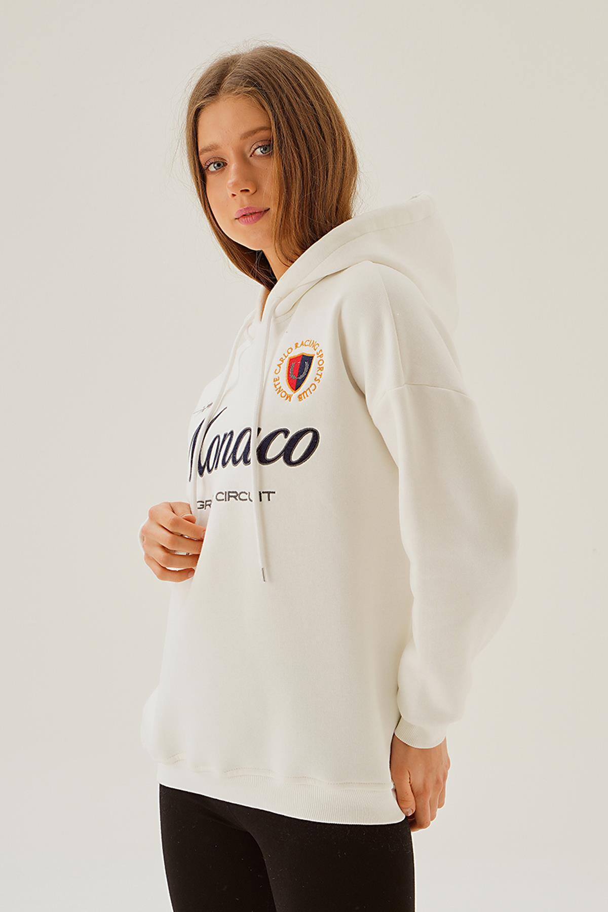 Ekru Monaco Nakış Kapüşonlu Sweat 3730 - 3