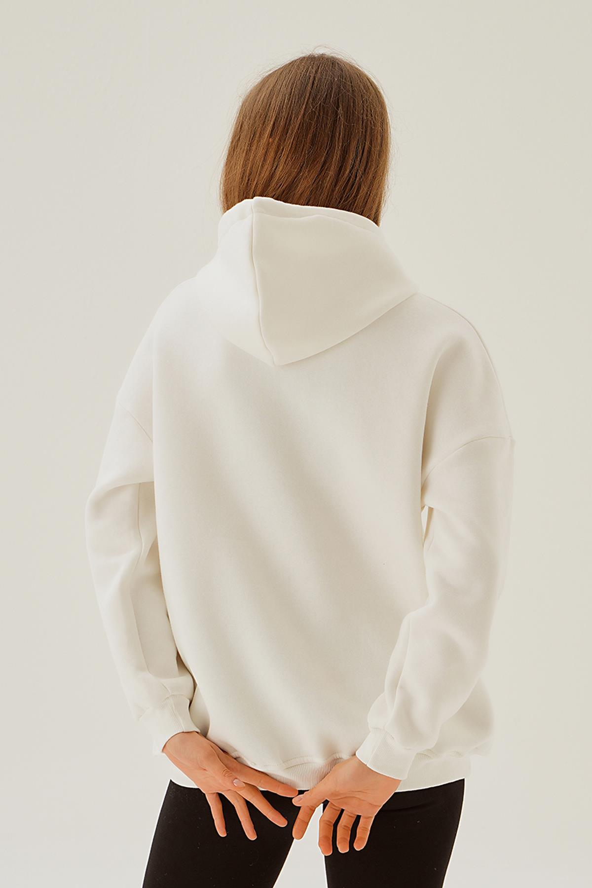 Ekru Monaco Nakış Kapüşonlu Sweat 3730 - 4