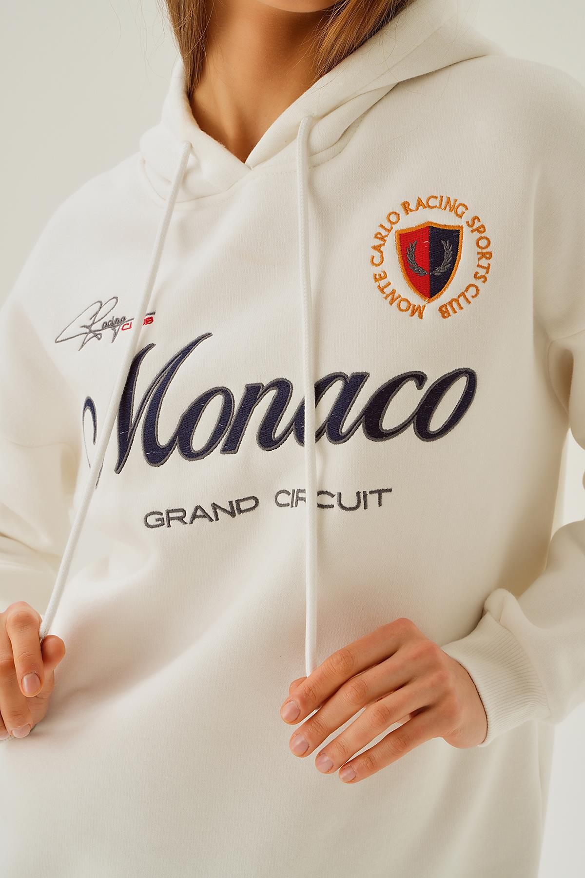 Ekru Monaco Nakış Kapüşonlu Sweat 3730 - 5