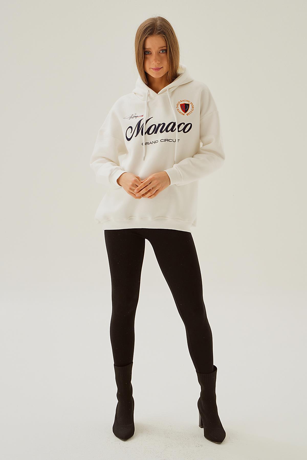 Ekru Monaco Nakış Kapüşonlu Sweat 3730 - 6