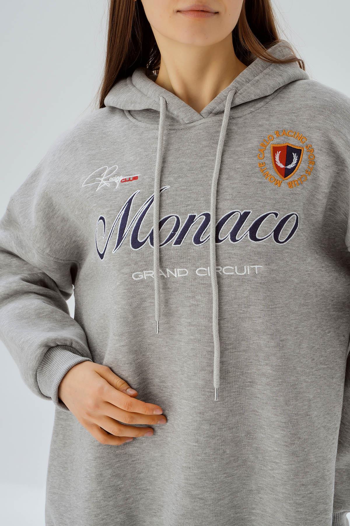 3730 Monaco Nakış Kapüşonlu Sweat Gri - 6