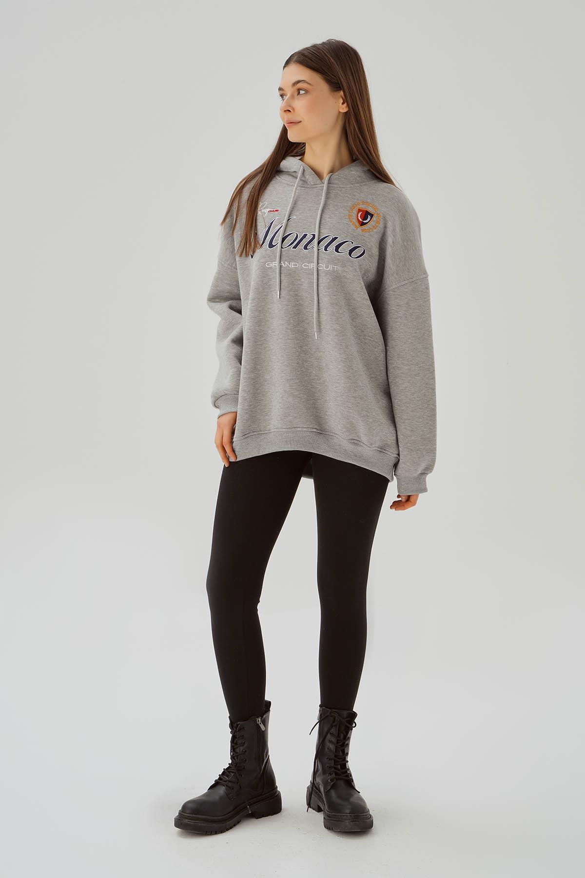 3730 Monaco Nakış Kapüşonlu Sweat Gri - 3