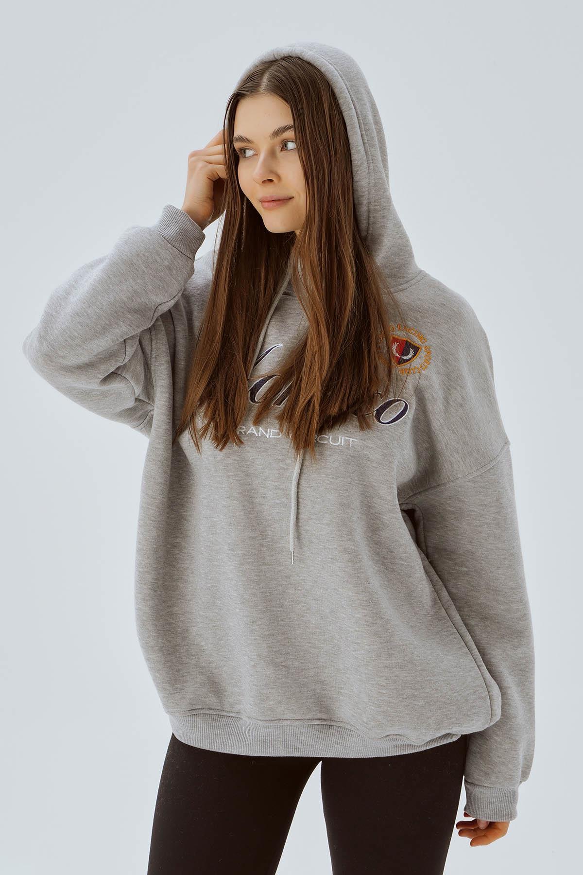 3730 Monaco Nakış Kapüşonlu Sweat Gri - 4