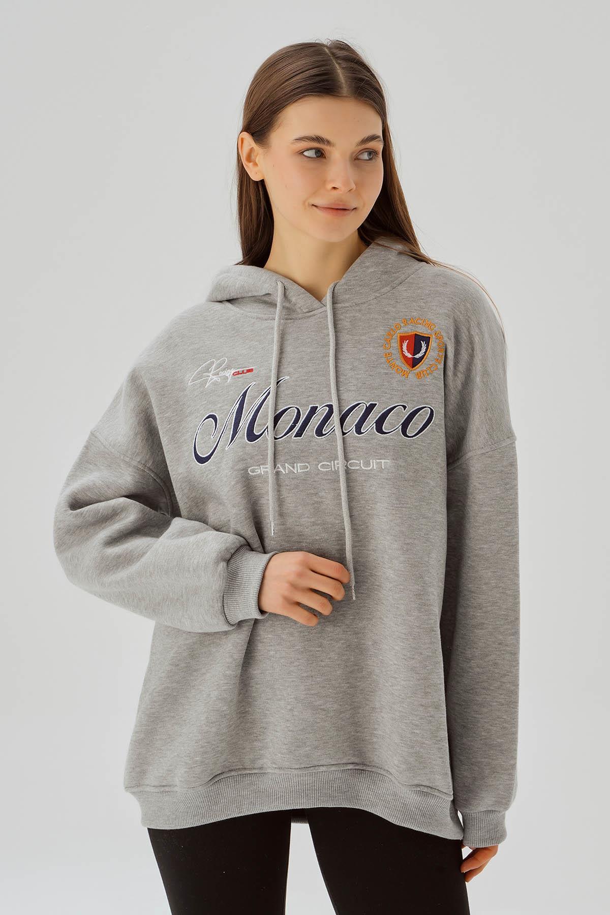 Gri Monaco Nakış Kapüşonlu Sweat 3730 