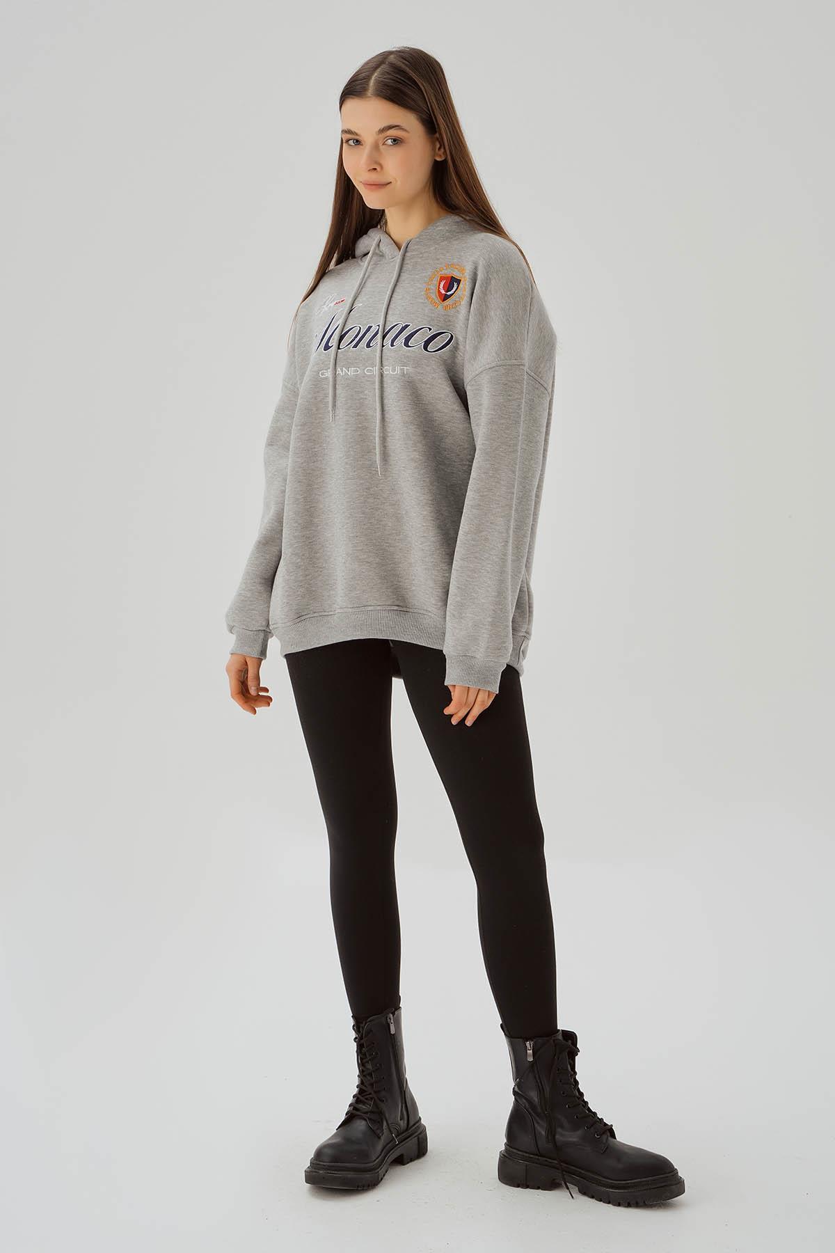 Gri Monaco Nakış Kapüşonlu Sweat 3730 - 2