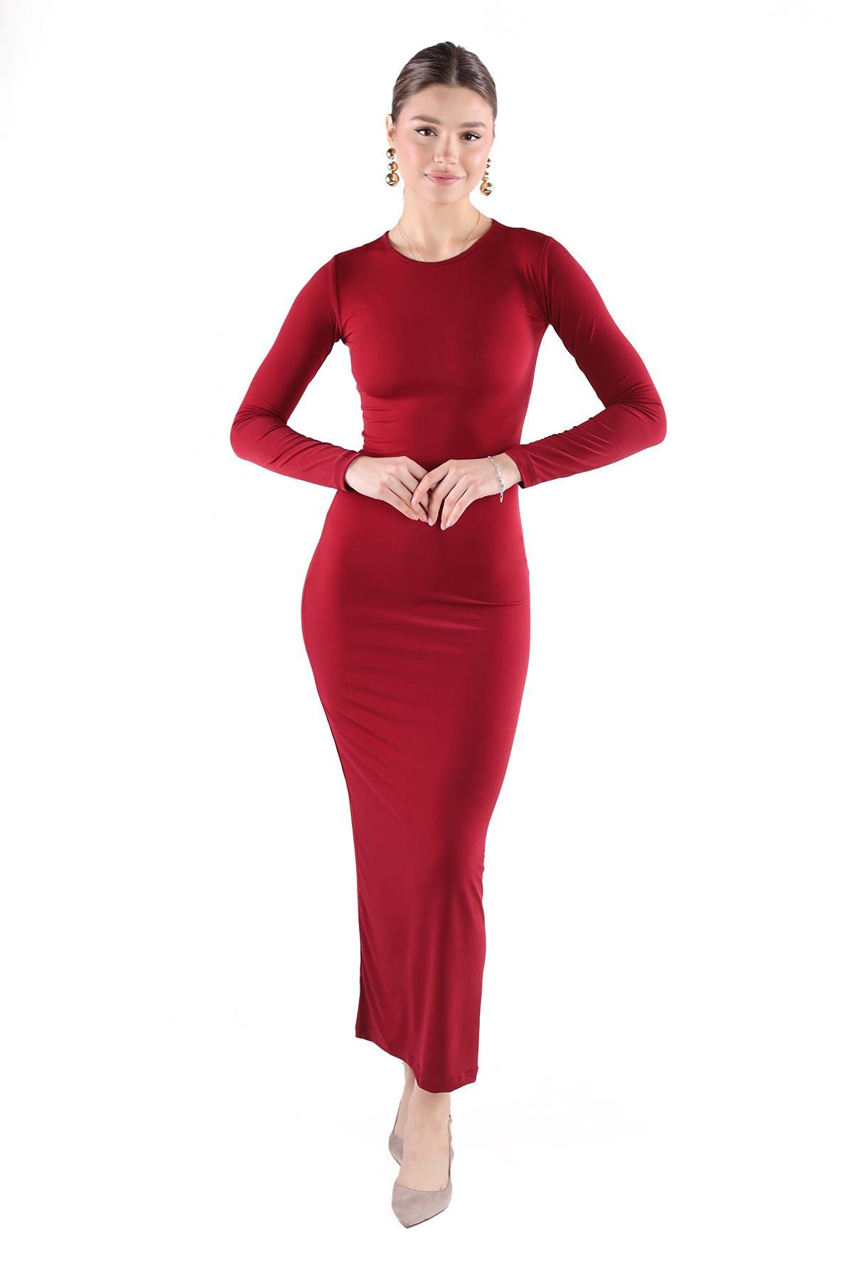 Bordo Bisiklet Yaka Elbise 376 