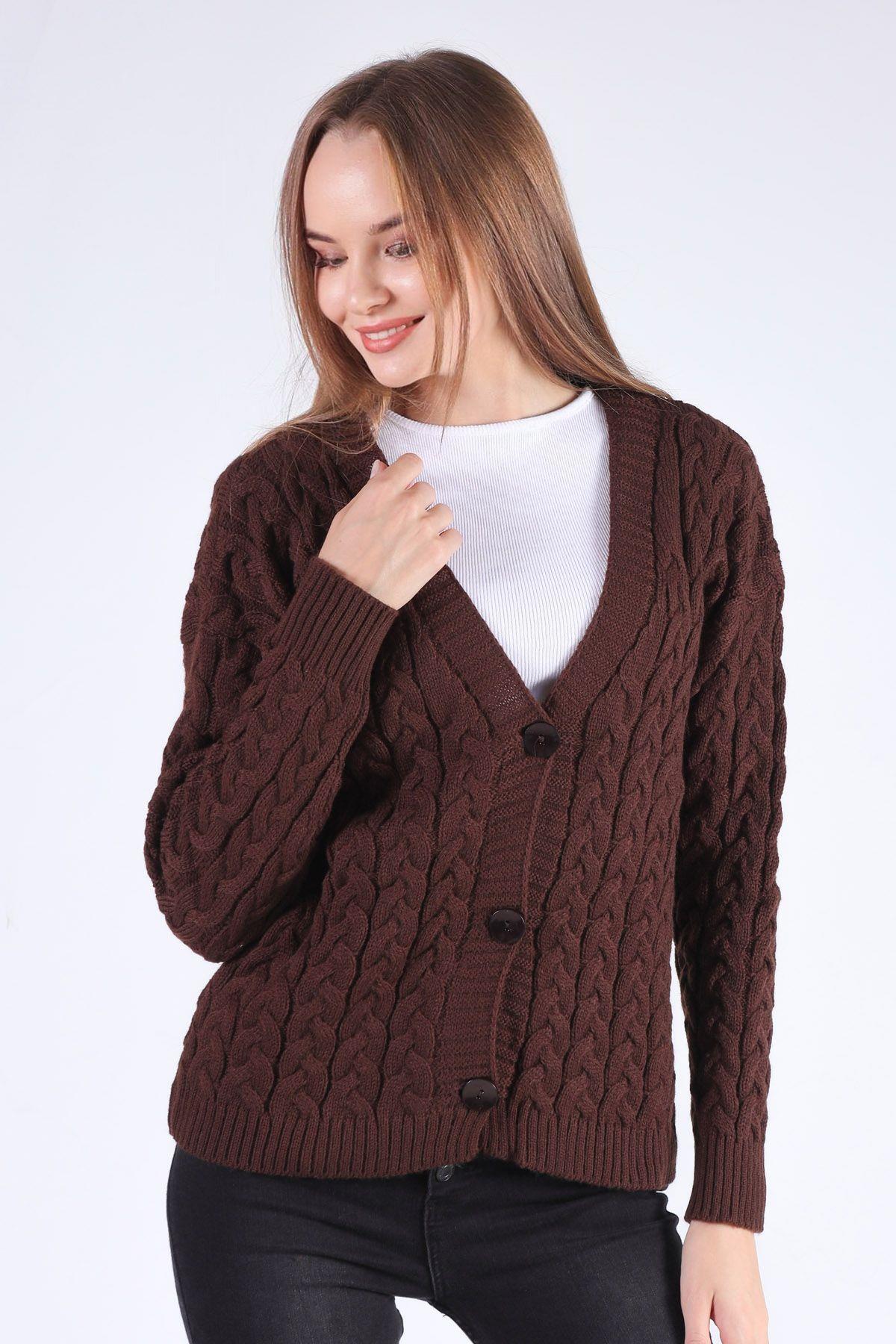 379 Örgü Detay Hırka Acı Kahve - 1