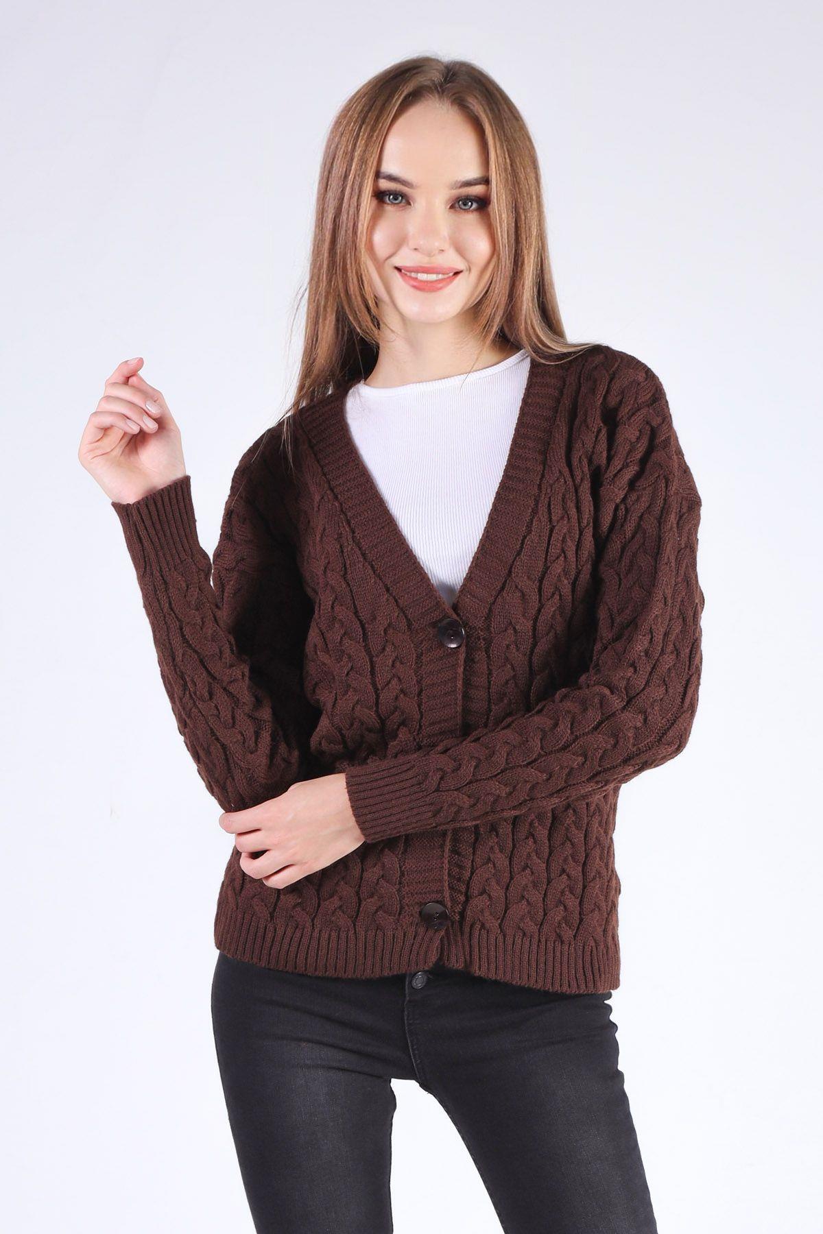 379 Örgü Detay Hırka Acı Kahve - 2