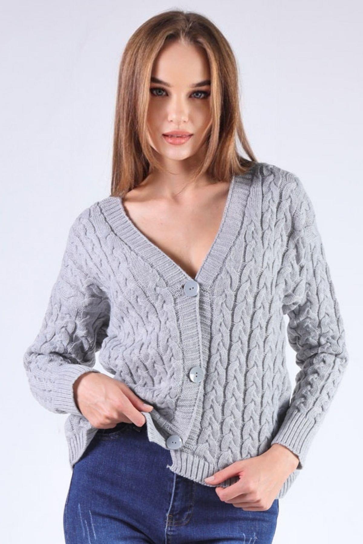 379 Örgü Detay Hırka Gri 