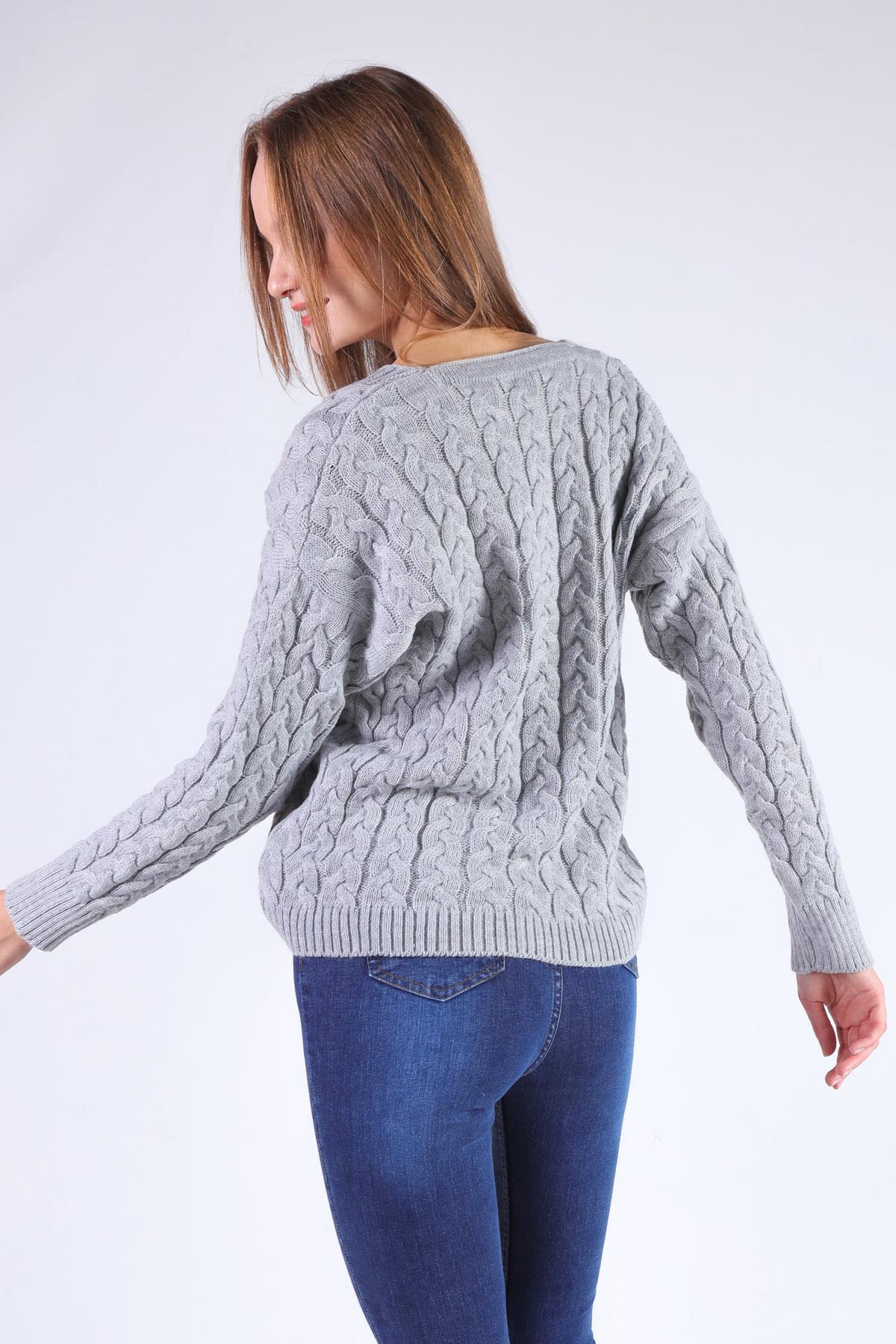 379 Örgü Detay Hırka Gri - 5