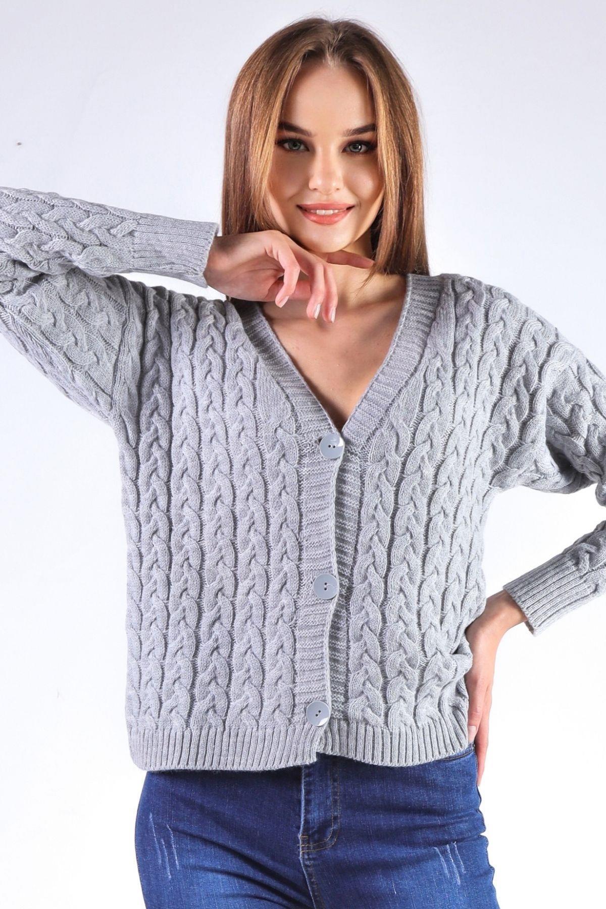 379 Örgü Detay Hırka Gri - 3