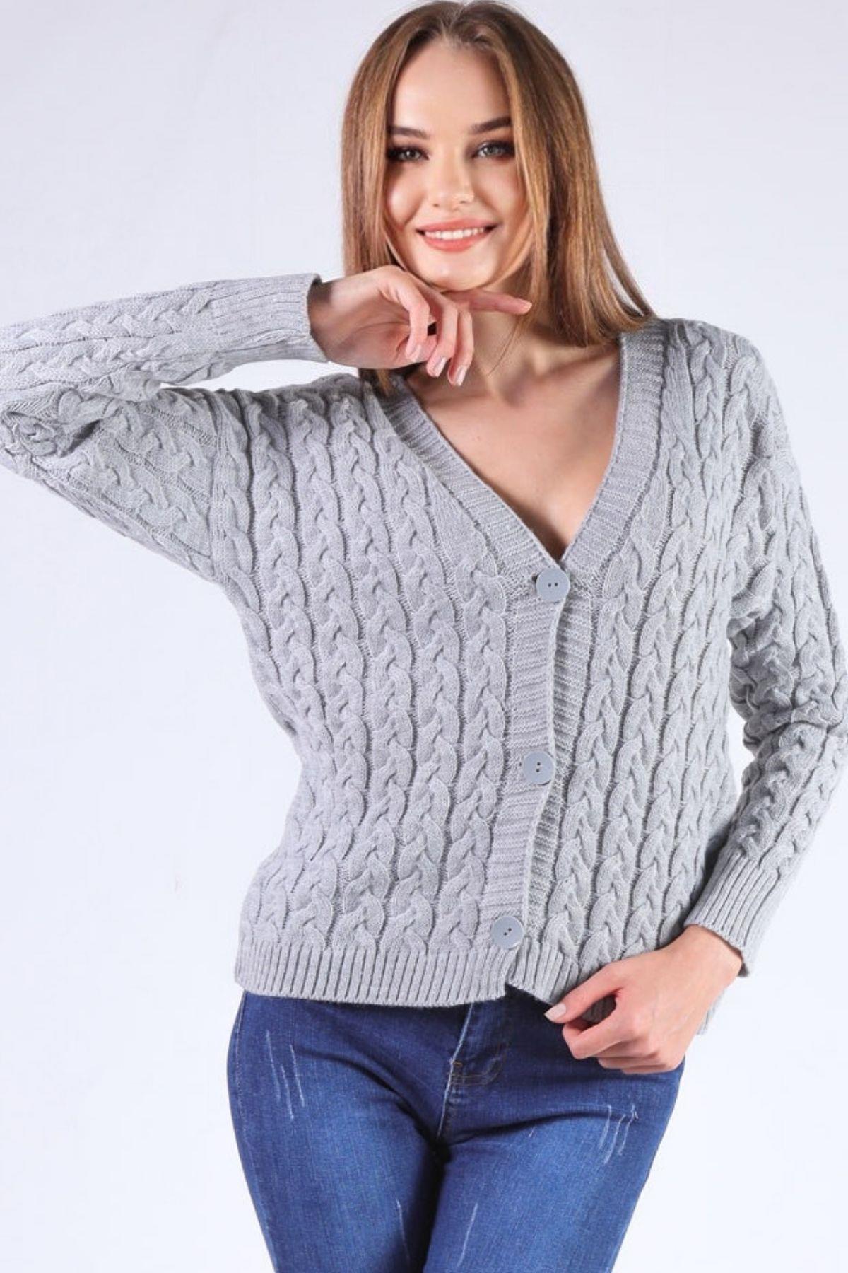 Gri Örgü Detay Hırka 379 - 2