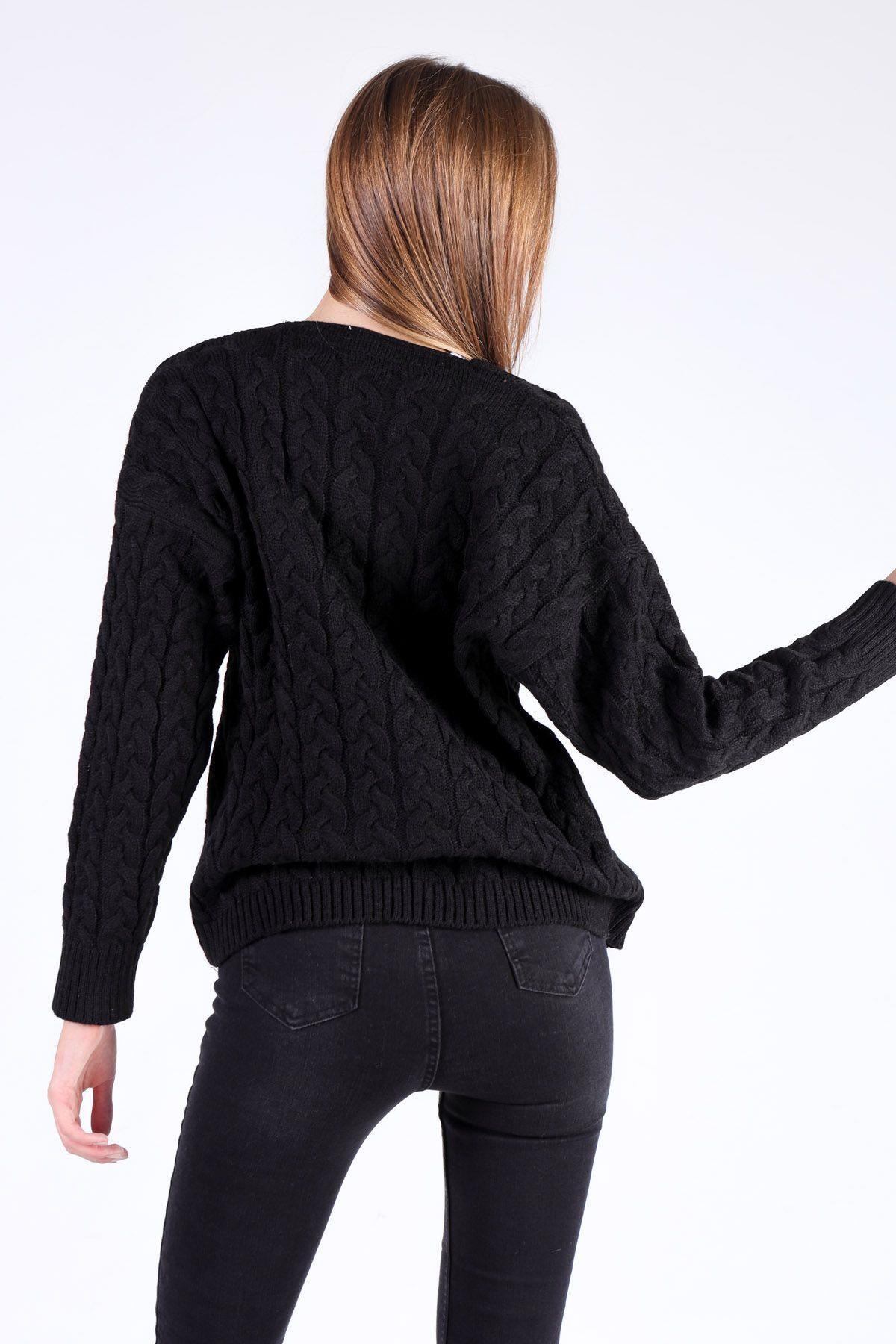 379 Örgü Detay Hırka Siyah - 4