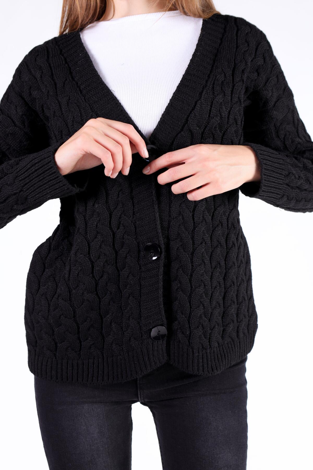 379 Örgü Detay Hırka Siyah - 6