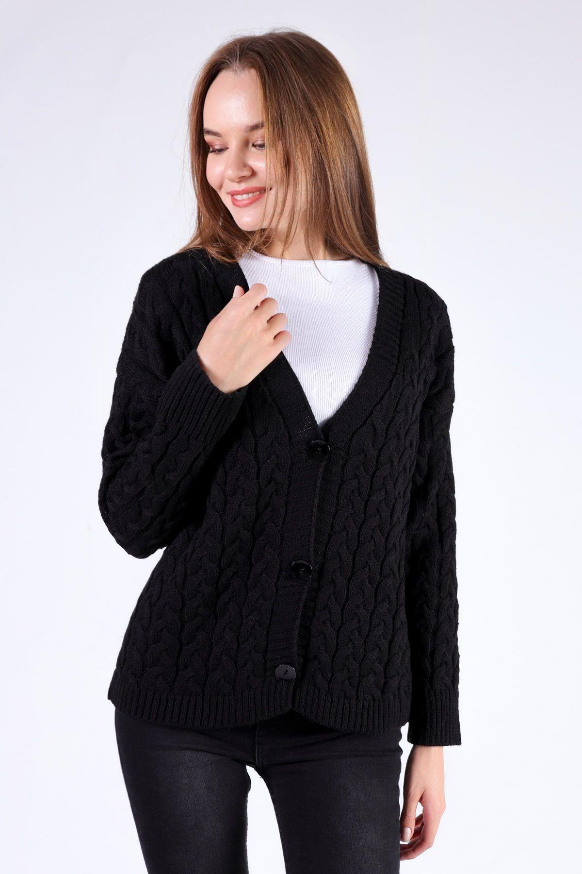 379 Örgü Detay Hırka Siyah 