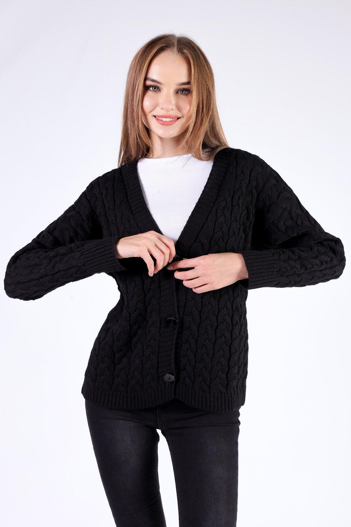 379 Örgü Detay Hırka Siyah - 2