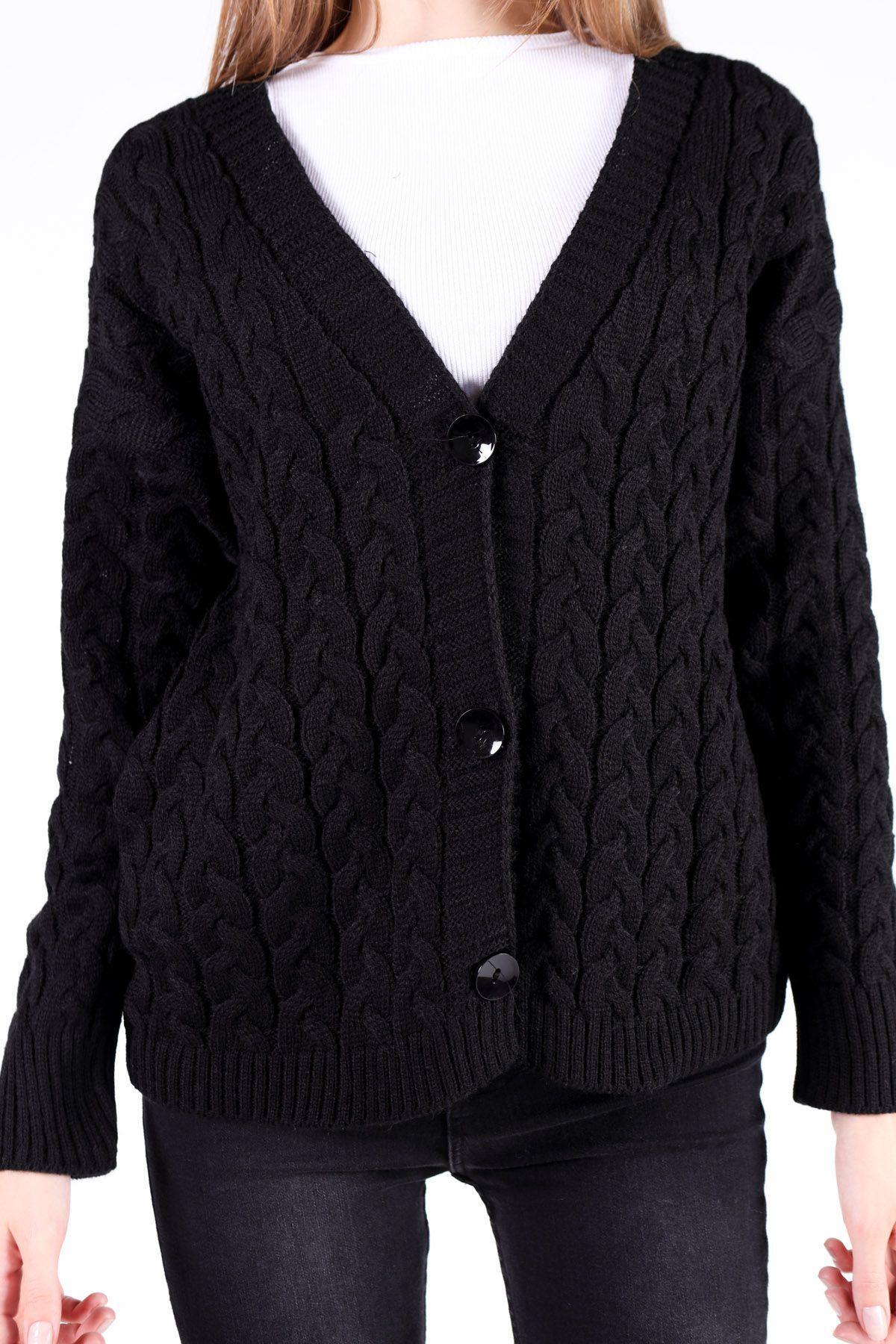 379 Örgü Detay Hırka Siyah - 5