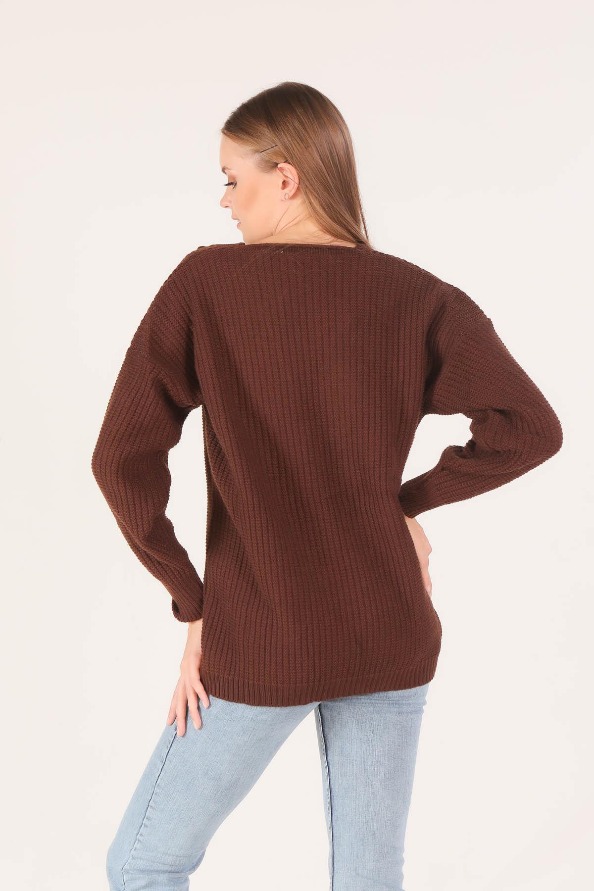 Acı Kahve Nakışlı Düğmeli Hırka 381 - 4