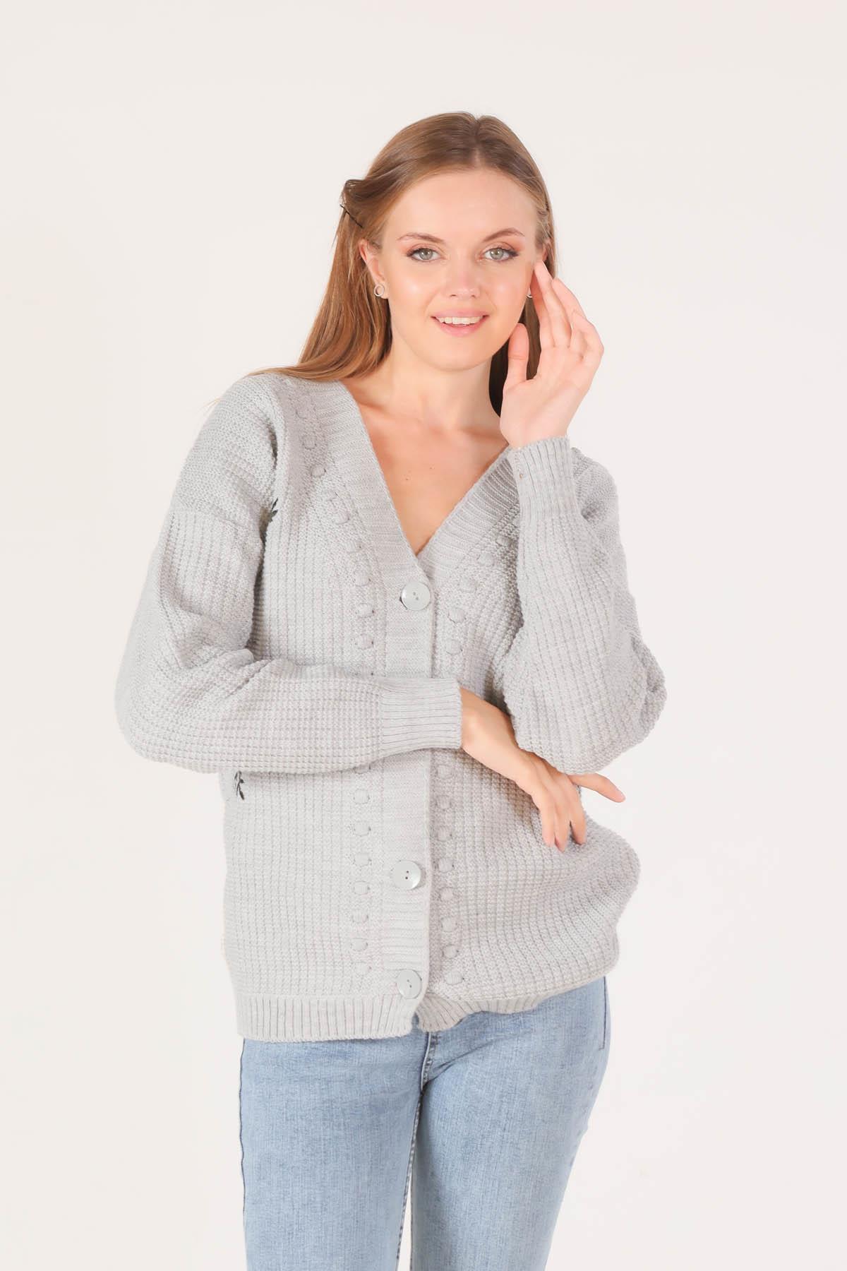 381 Nakışlı Düğmeli Hırka Gri - 1