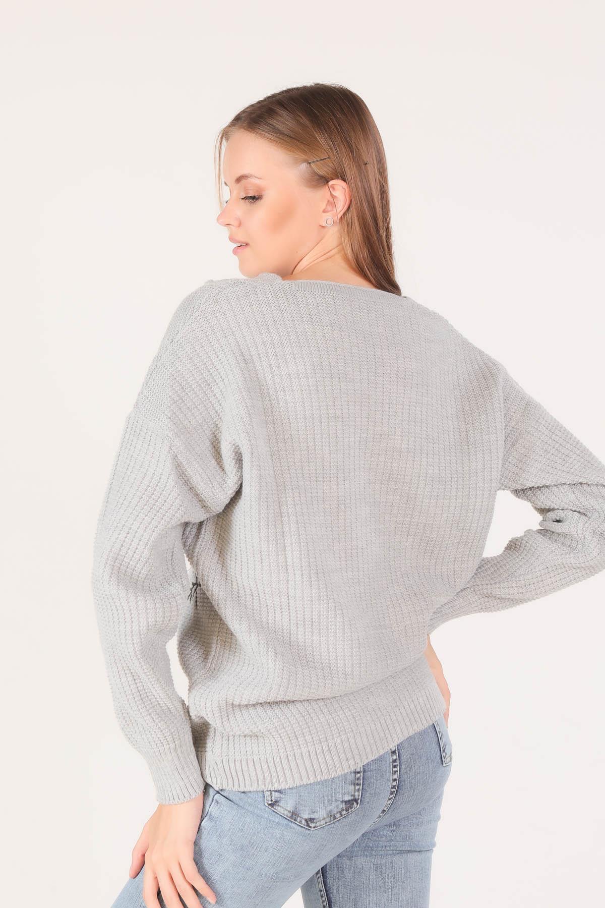 381 Nakışlı Düğmeli Hırka Gri - 3