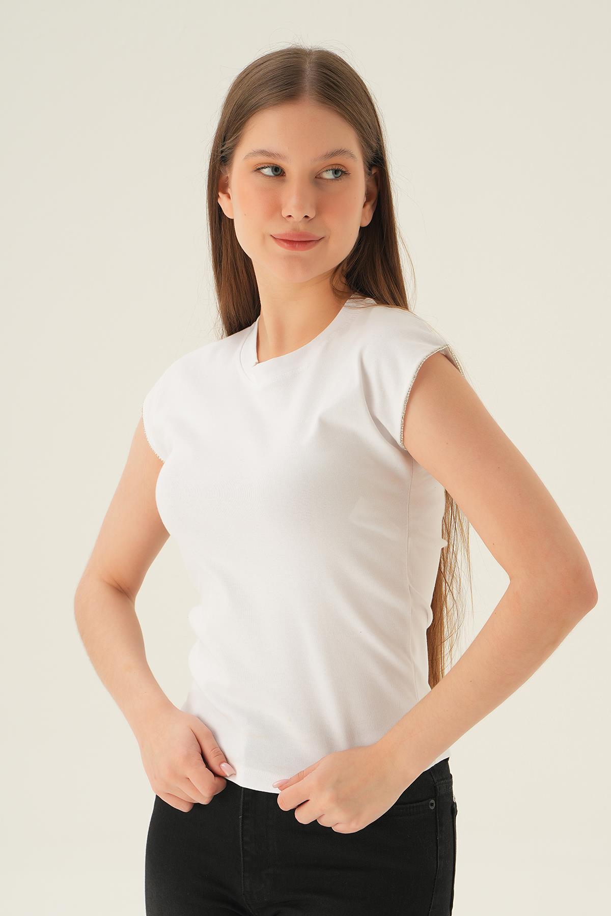 Beyaz Kol Taş Detay Tişört 3820 - 1