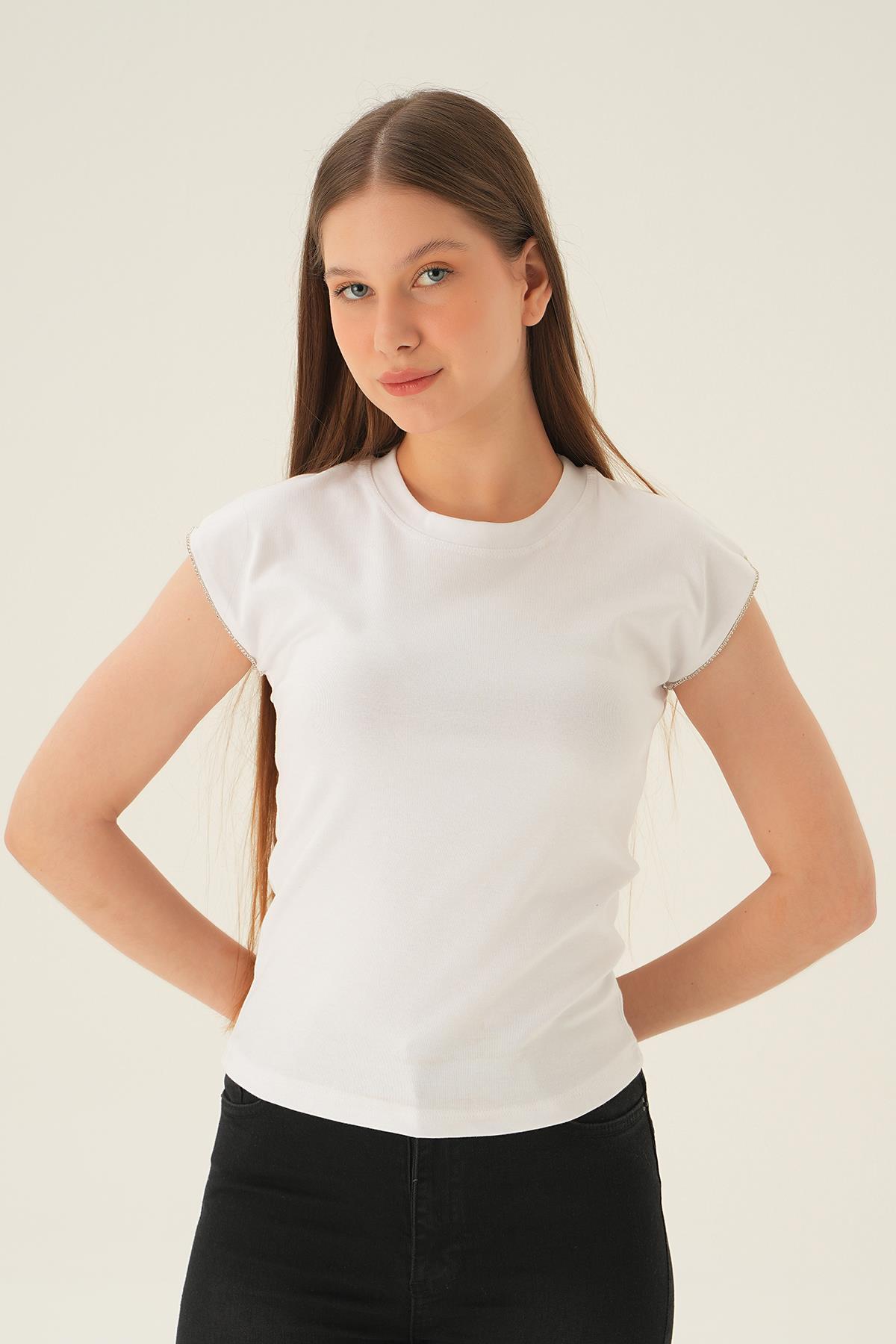 Beyaz Kol Taş Detay Tişört 3820 - 2