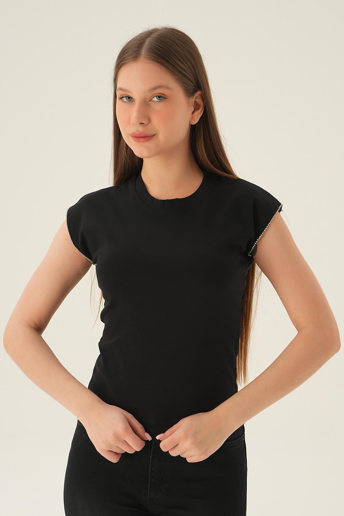 Siyah Kol Taş Detay Tişört 3820 