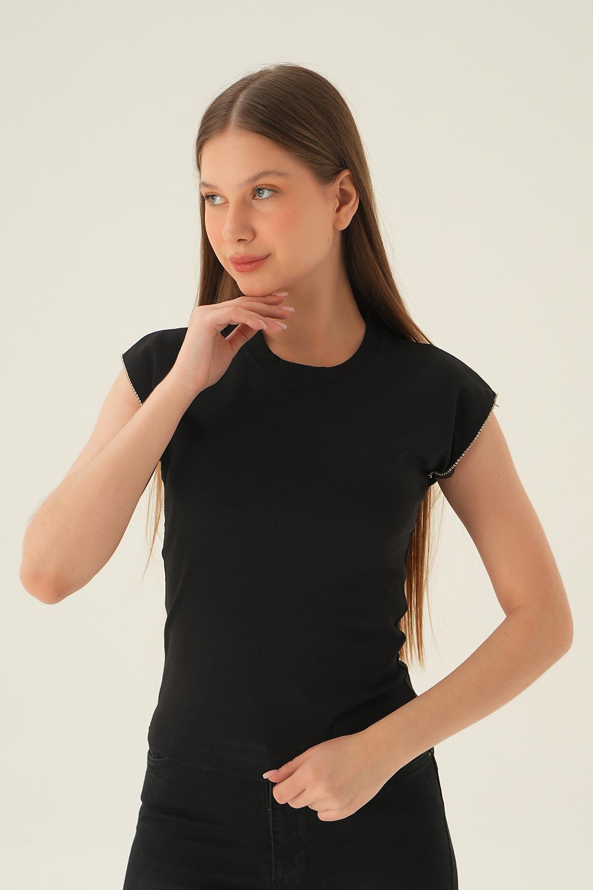 Siyah Kol Taş Detay Tişört 3820 - 2