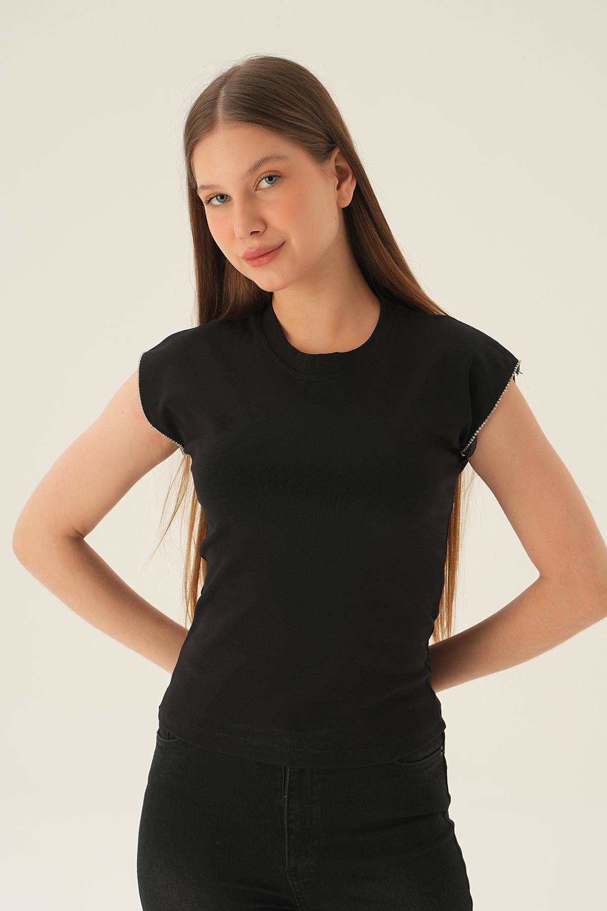 Siyah Kol Taş Detay Tişört 3820 - 3