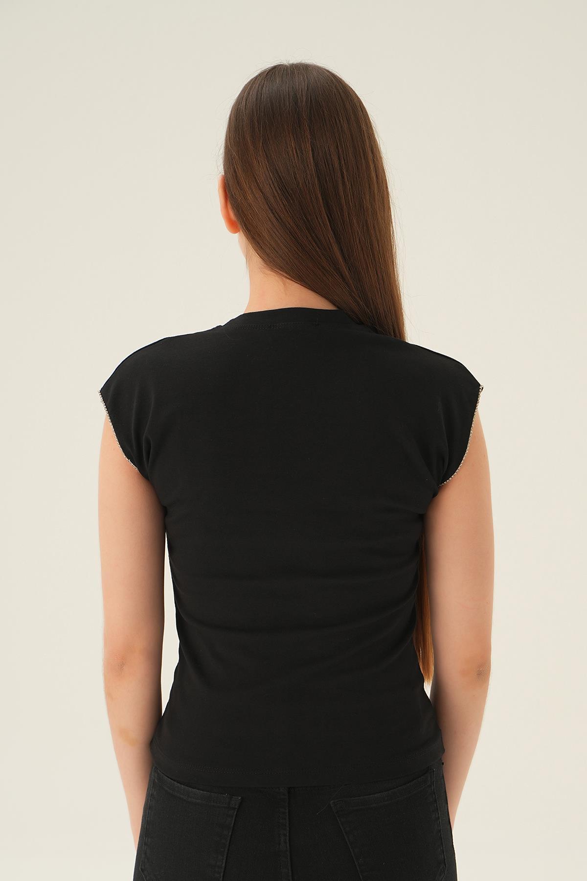 Siyah Kol Taş Detay Tişört 3820 - 4