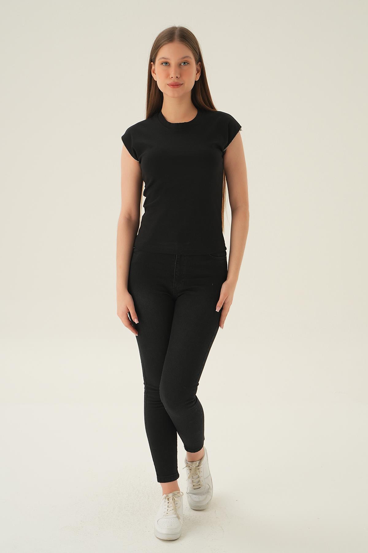 Siyah Kol Taş Detay Tişört 3820 - 6