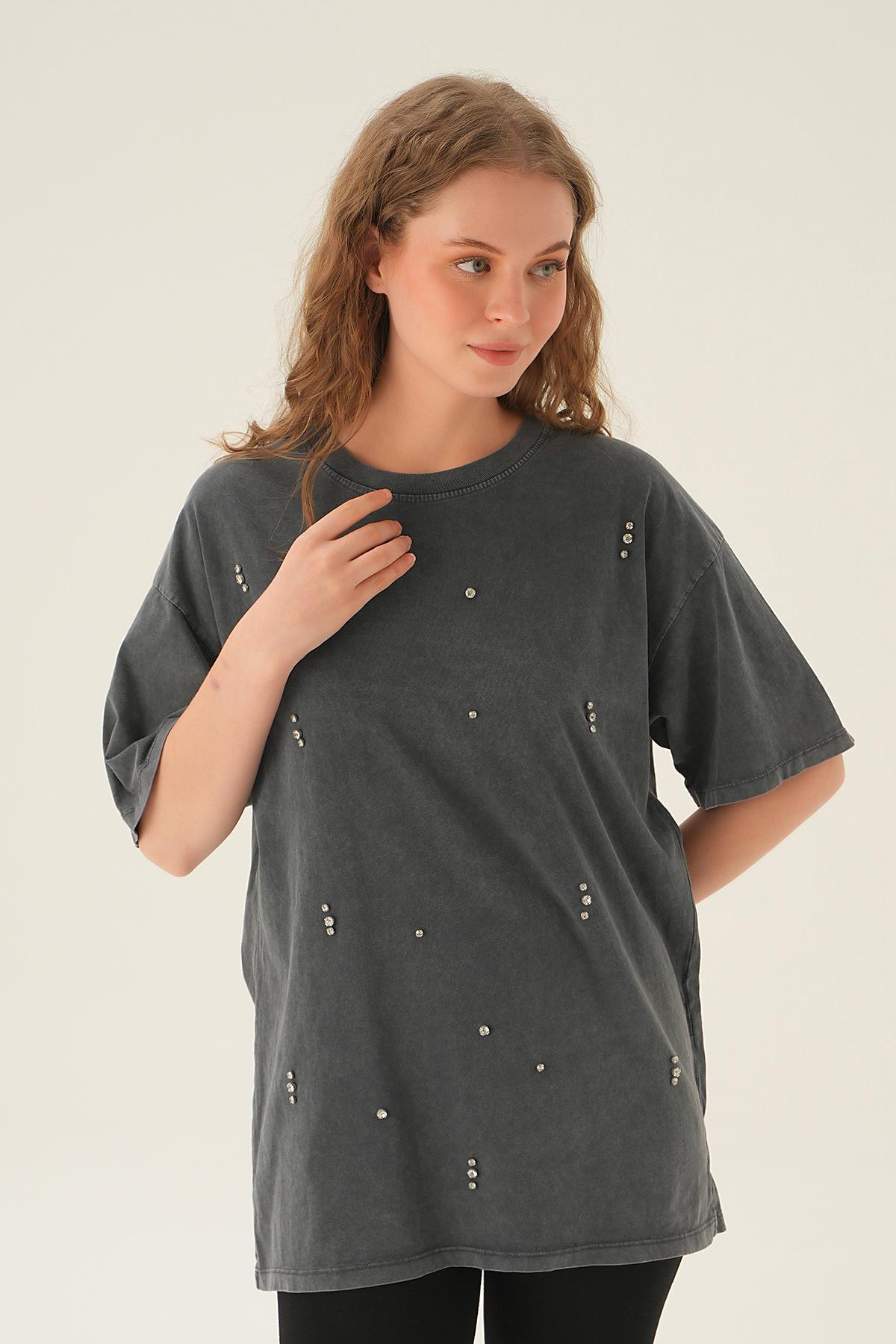 3828 İnci Detay Tişört Antrasit - 3
