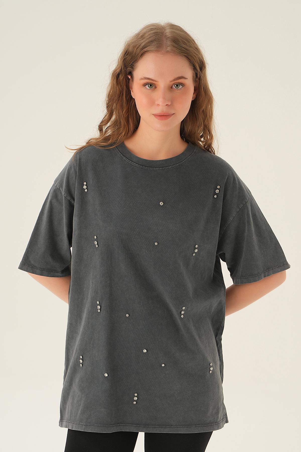 Antrasit İnci Detay Tişört 3828 - 1
