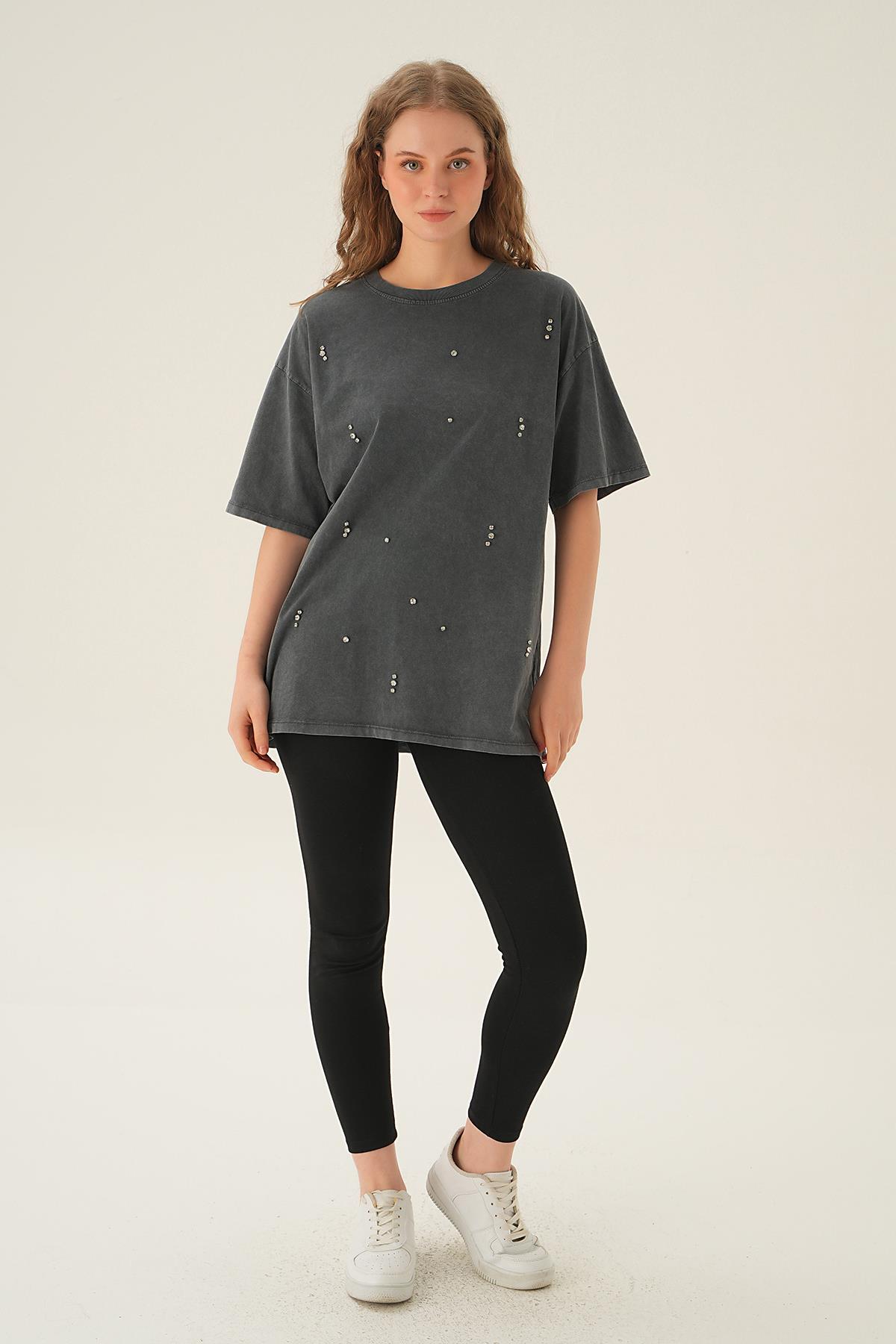 Antrasit İnci Detay Tişört 3828 - 2