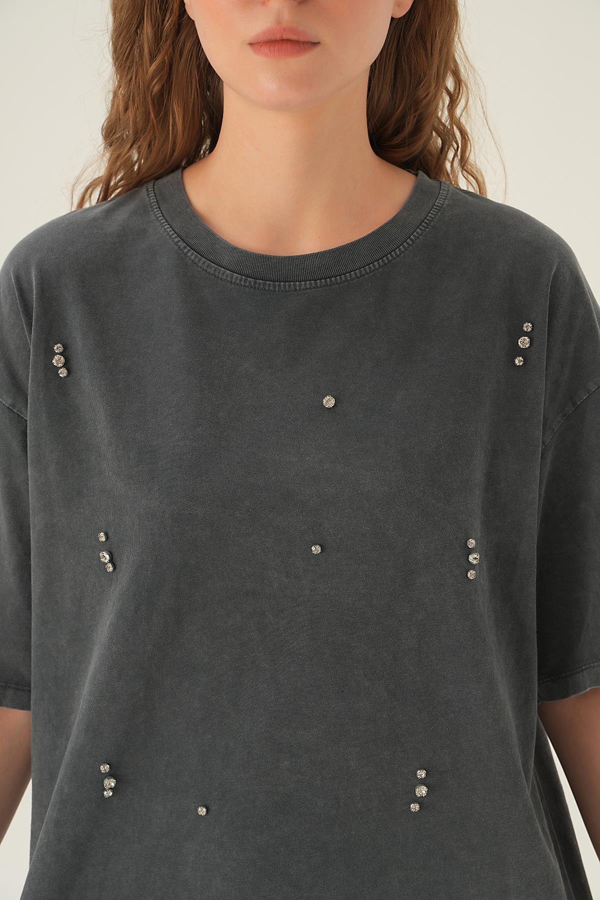 Antrasit İnci Detay Tişört 3828 - 5