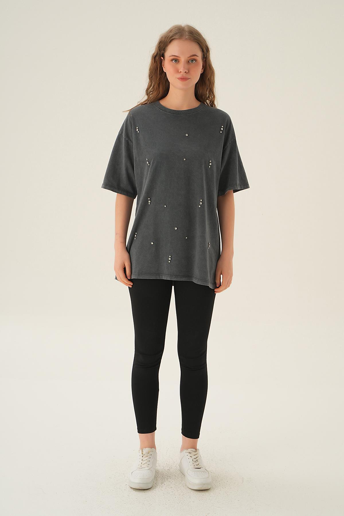 Antrasit İnci Detay Tişört 3828 - 6