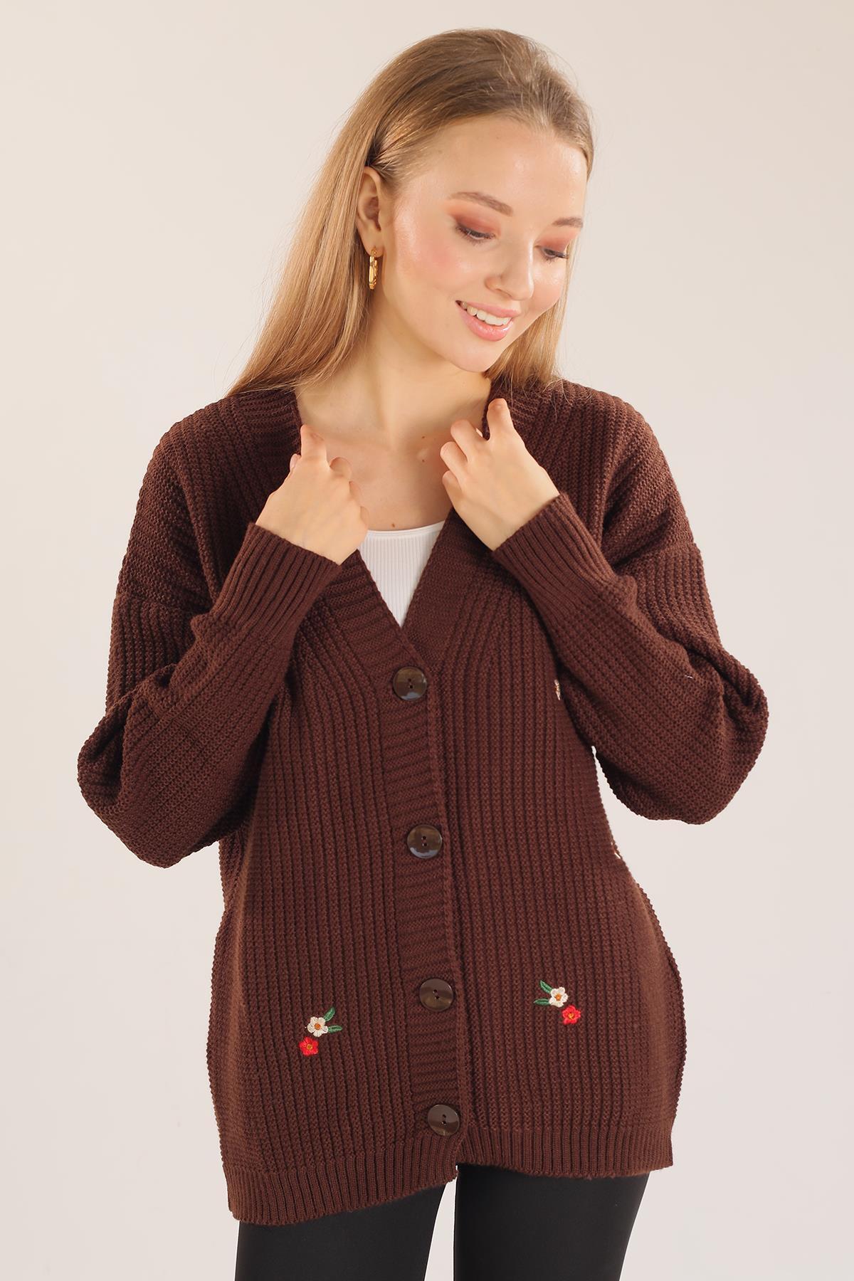 383 Çiçek Nakışlı Hırka Acı Kahve - 1