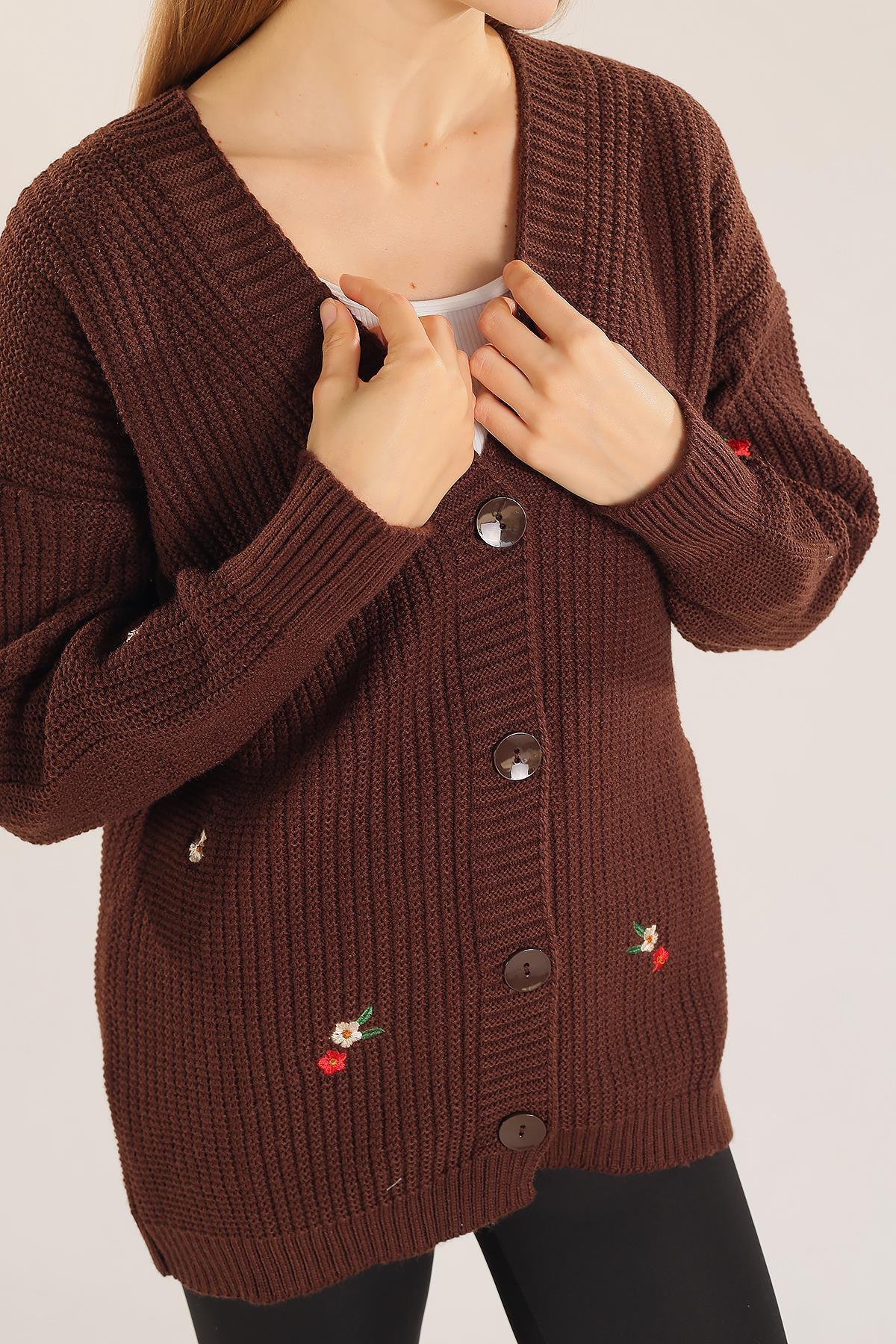 Acı Kahve Çiçek Nakışlı Hırka 383 - 6