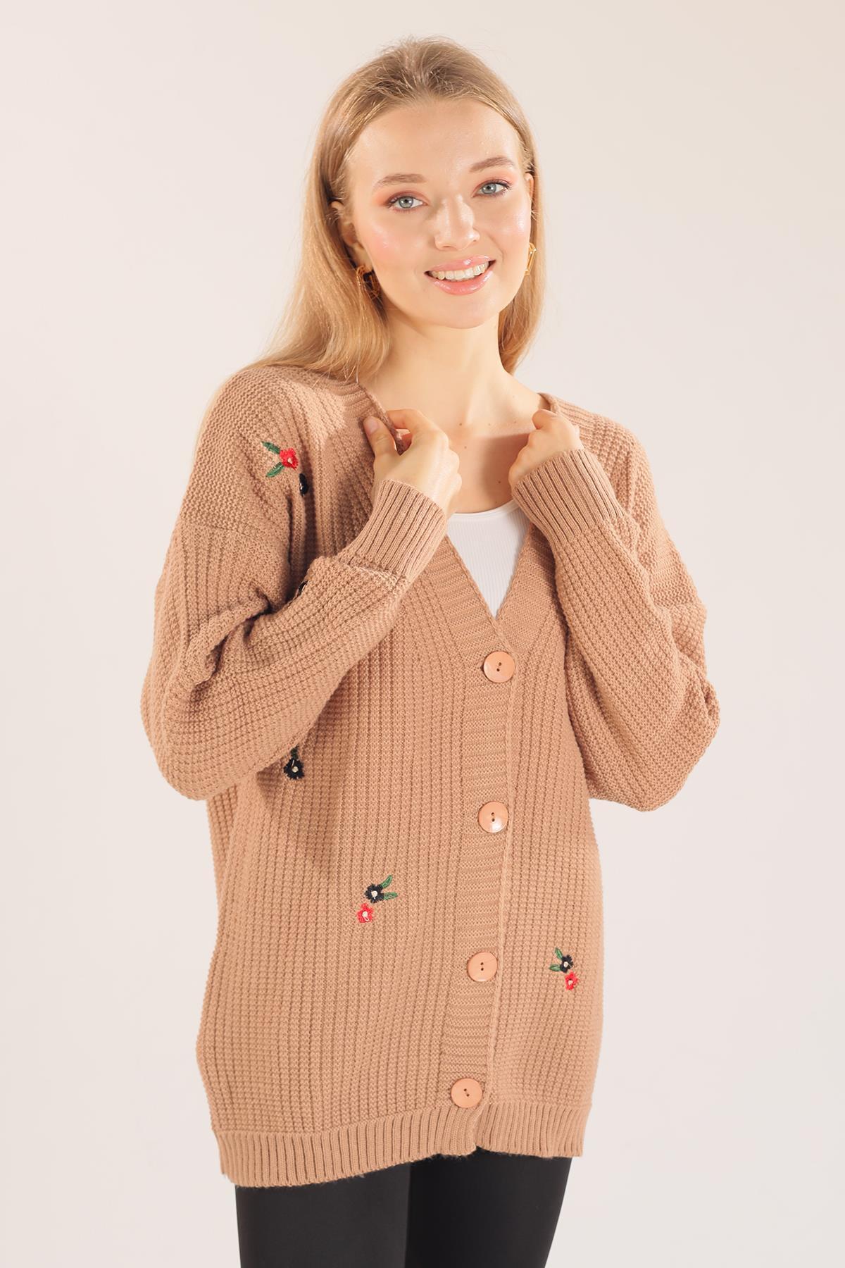 Camel Çiçek Nakışlı Hırka 383 