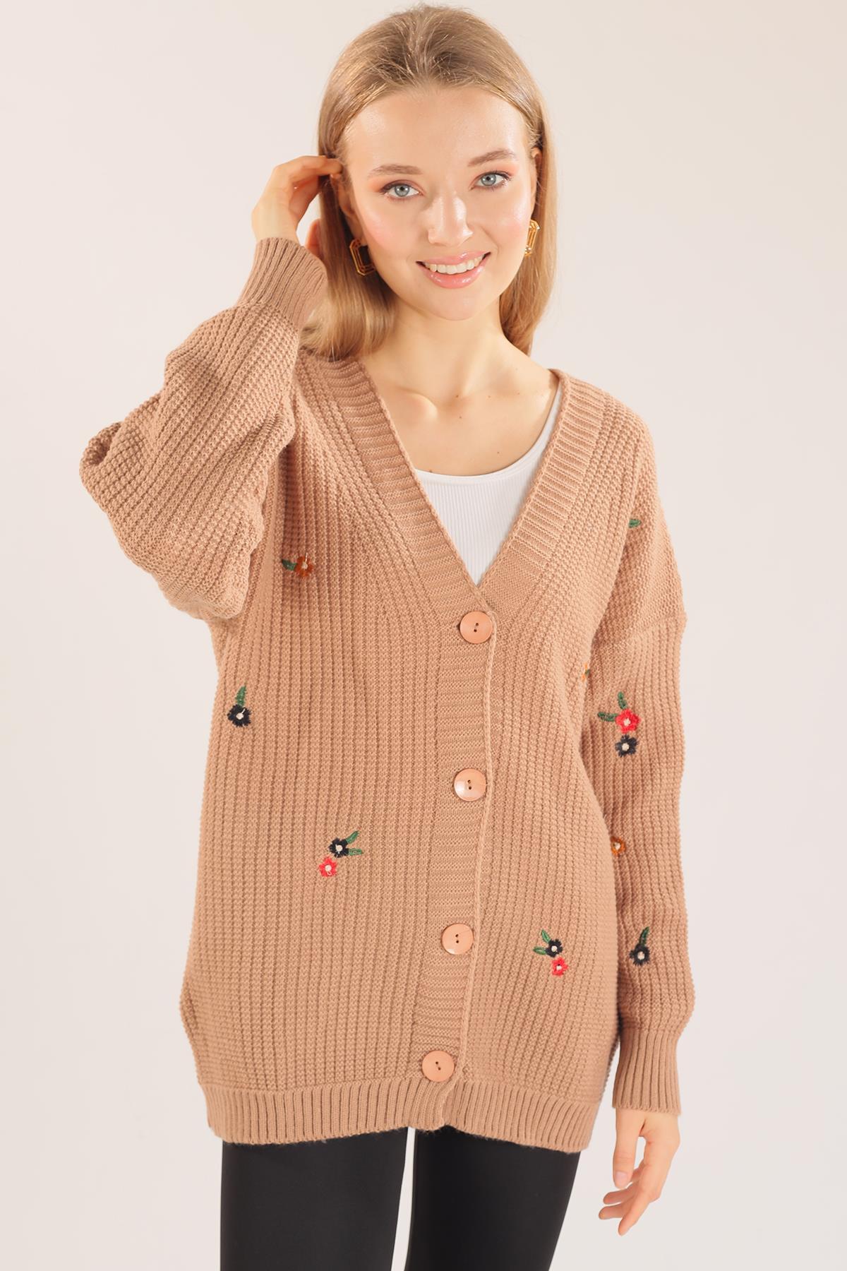 Camel Çiçek Nakışlı Hırka 383 - 4