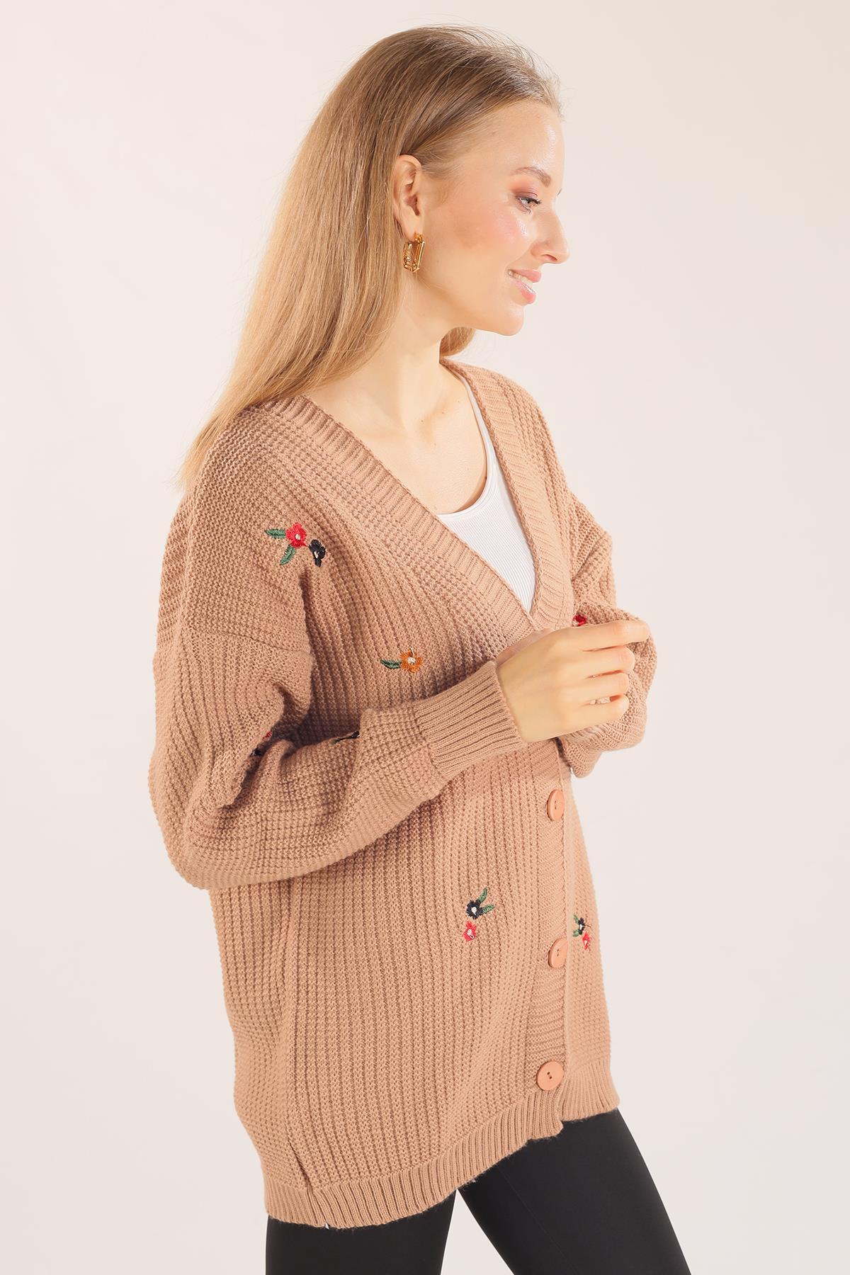 Camel Çiçek Nakışlı Hırka 383 - 5