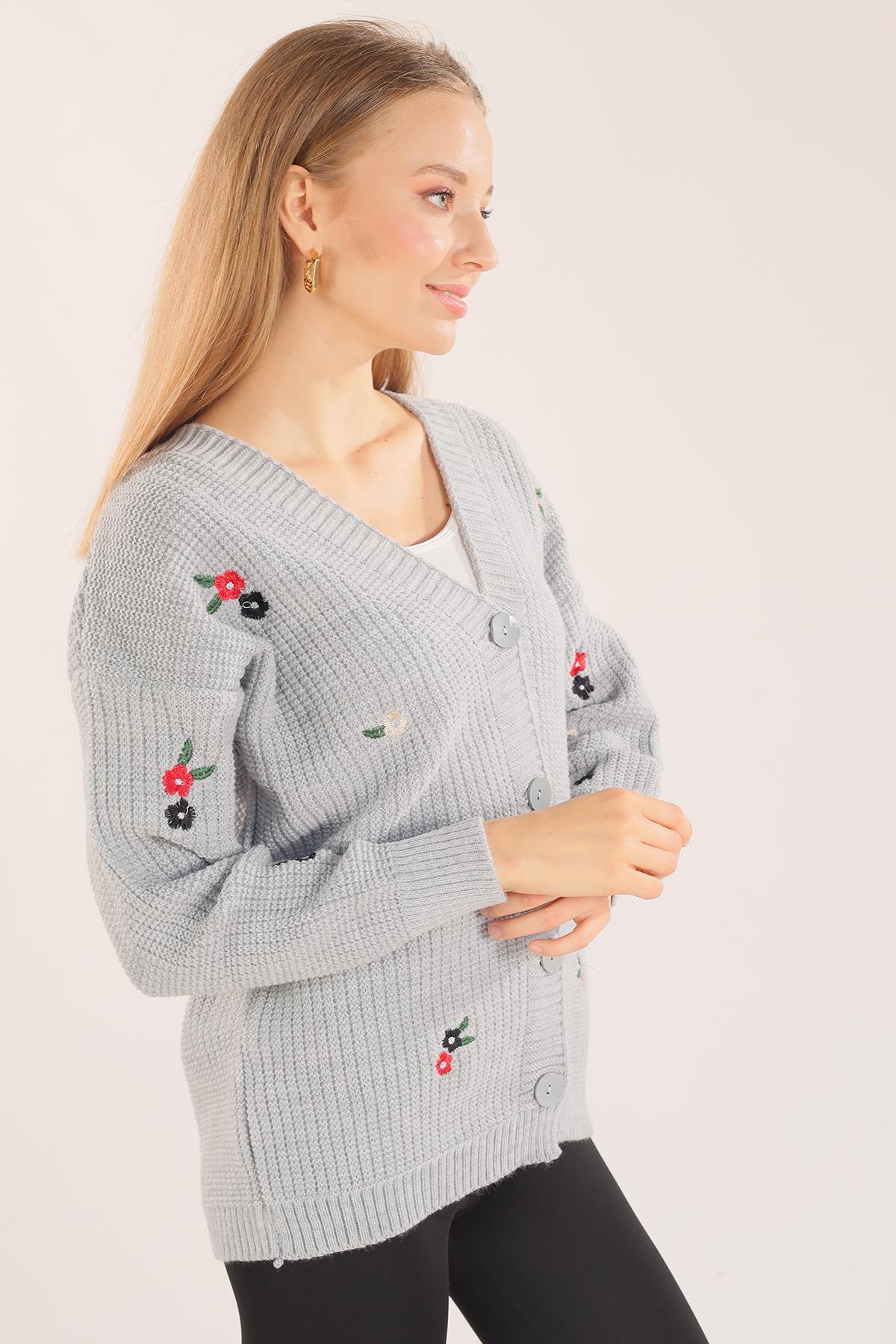 383 Çiçek Nakışlı Hırka Gri - 2