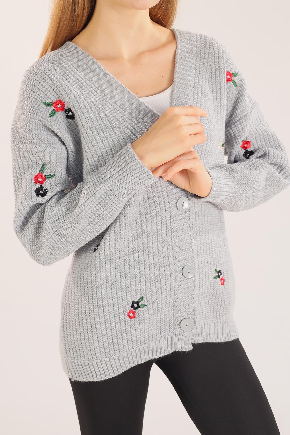 383 Çiçek Nakışlı Hırka Gri - 5