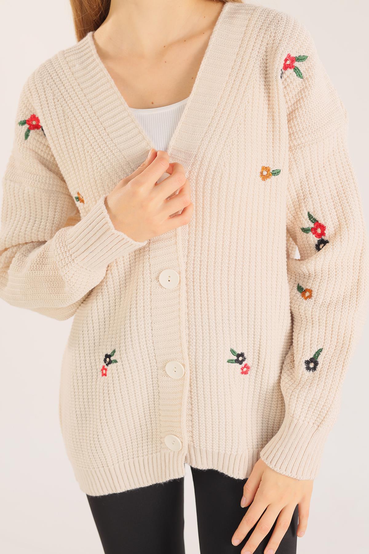 383 Çiçek Nakışlı Hırka Krem - 8