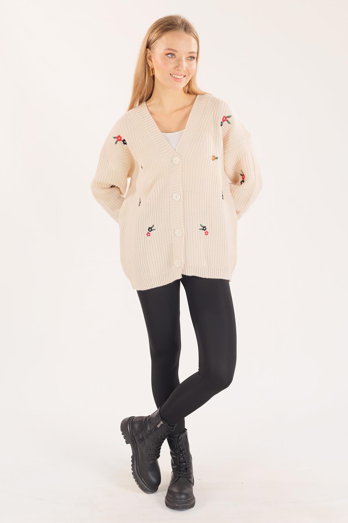 Krem Çiçek Nakışlı Hırka 383 - 2